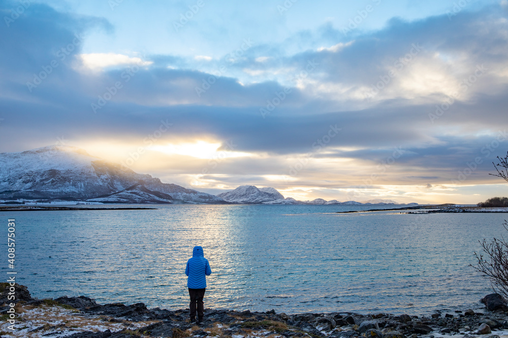 Fototapeta premium Hiking in great winter weather,Brønnøy,Helgeland,Nordland county,Norway,scandinavia,Europe