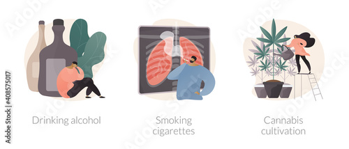 Unhealthy habits abstract concept vector illustration set. Drinking alcohol, smoking cigarettes, cannabis cultivation, addiction rehabilitation, health risk, medical marijuana abstract metaphor.