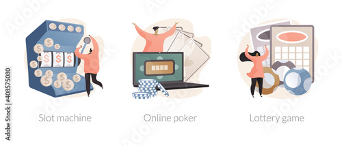 Gambling club abstract concept vector illustration set. Slot machine, online poker, lottery game, online casino, TV show, jackpot win, download application, lucky raffle ticket abstract metaphor.
