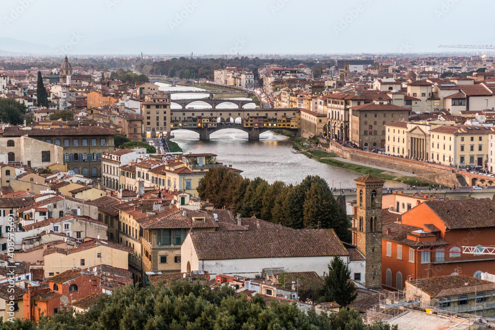 Aerial view of Florence, Italy. Ponte Vecchio (Old Bridge) and other bridges over the Arno River.