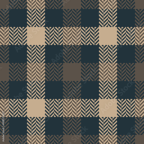 Plaid pattern in brown, beige, blue. Seamless herringbone textured tartan check plaid for flannel shirt, skirt, blanket, tablecloth, or other modern autumn winter fashion textile print.