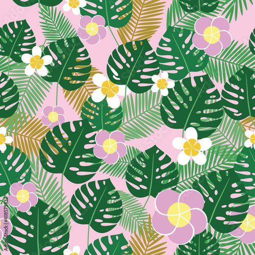 Exotic seamless pattern with monstera leaf as an ornament, texture for printing on fabric, textile, floristic flat vector stock illustration with tropical plants and flowers