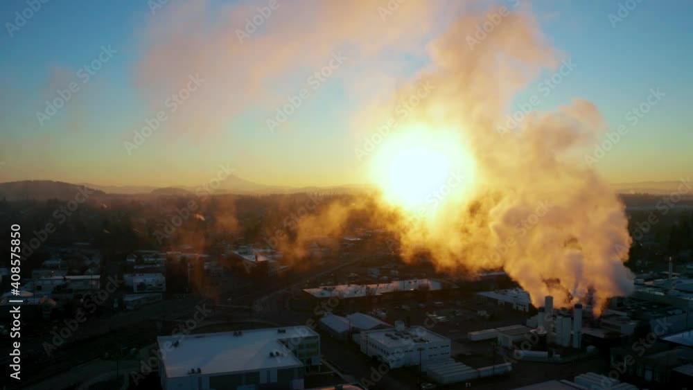 Factory Steam Smoke Cloud Rising up Revealing Mt. Hood at Sunrise in Portland Oregon