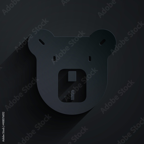 Paper cut Bear head icon isolated on black background. Paper art style. Vector.