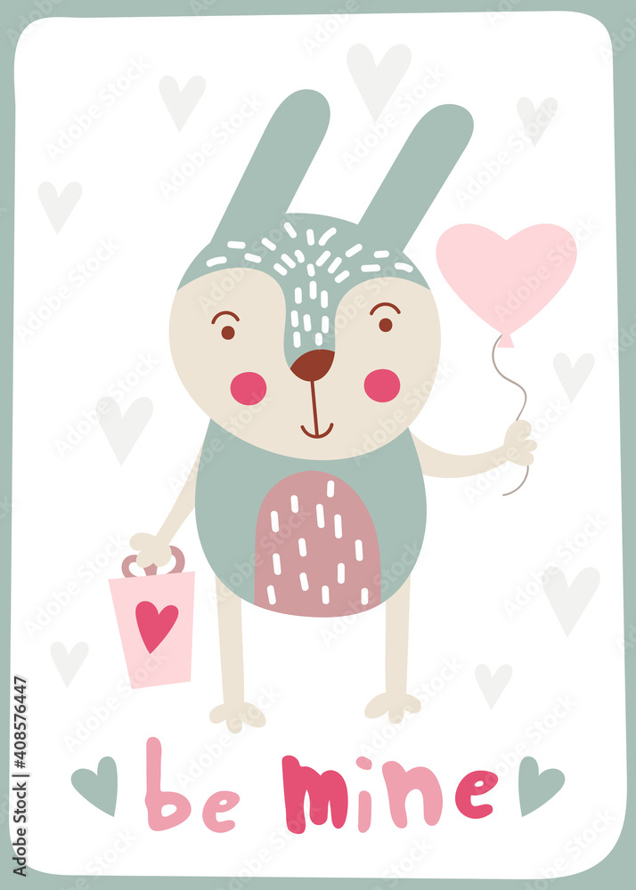 Happy Valentine’s day greeting card – cute hare with balloon and gift box. Lettering Be mine. Vector illustration for celebration. Happy Valentine’s day greeting card – cute hare with balloon and gift box. Lettering Be mine. Vector illustration for celebration.