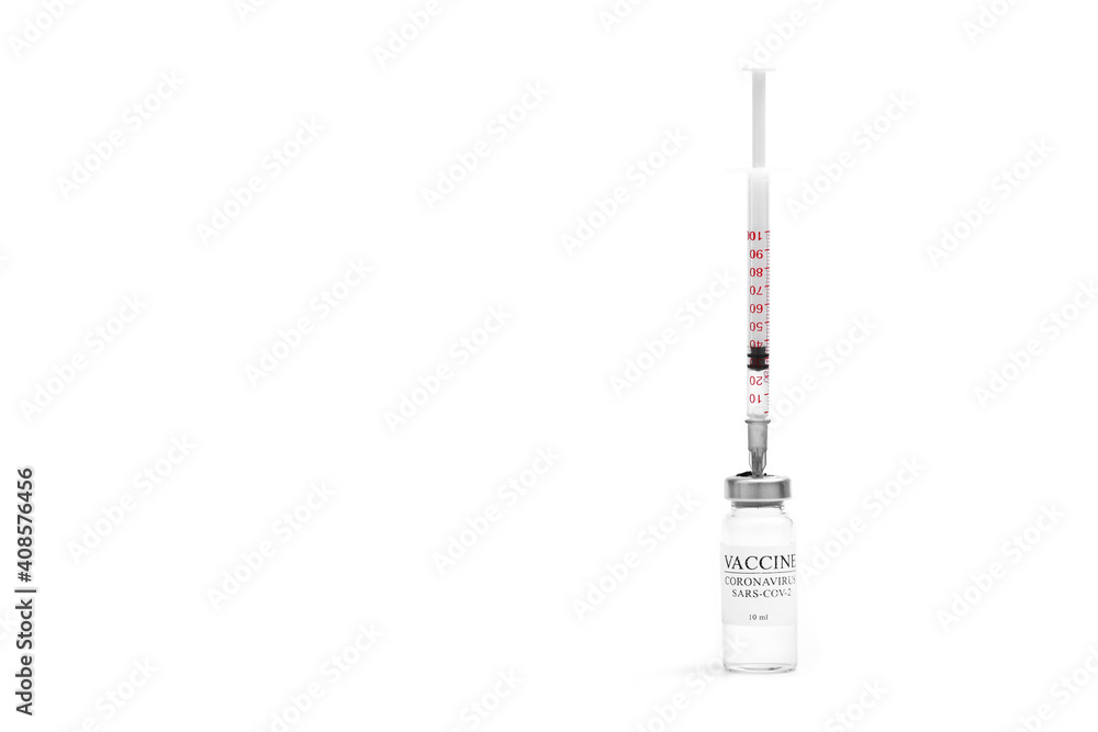 Medicine bottle with coronavirus vaccine covid-19. Medical glass vial and syringe for vaccination. liquid vaccine in laboratory, hospital or pharmacy concept isolated on white background Medicine bottle with coronavirus vaccine covid-19. Medical glass vial and syringe for vaccination. liquid vaccine in laboratory, hospital or pharmacy concept isolated on white background