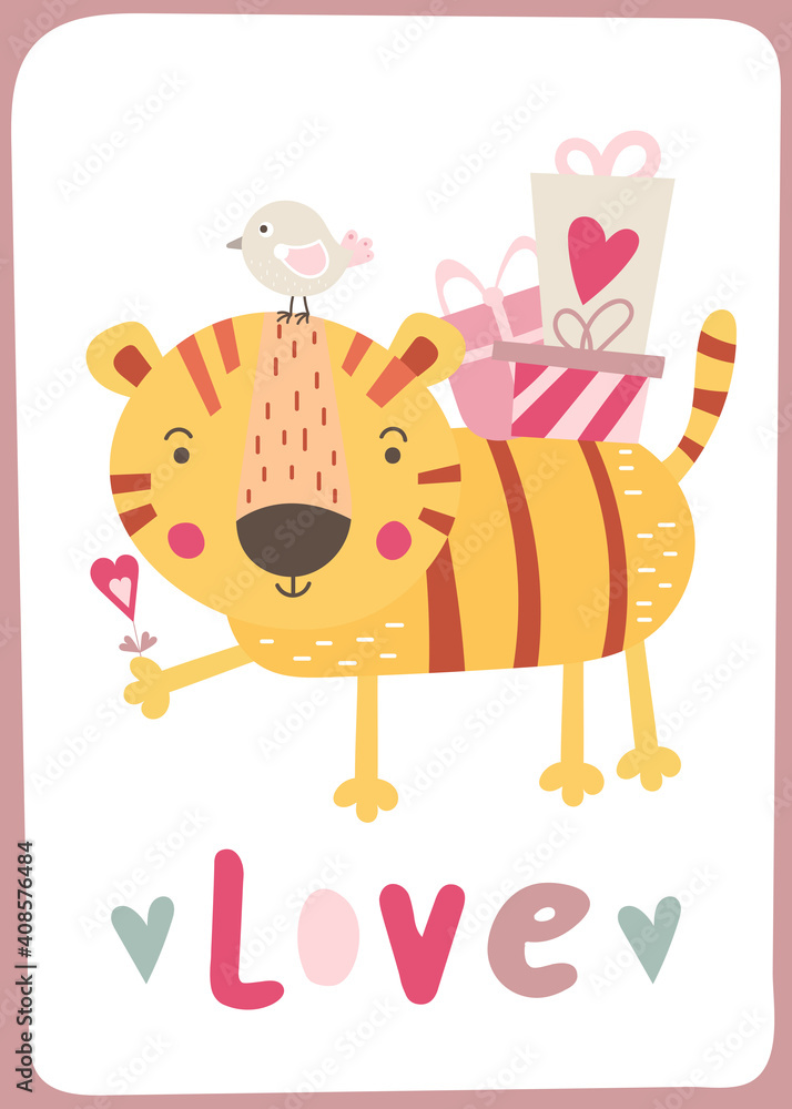 Happy Valentine’s day greeting card – cute tiger presents. Lettering Love. Vector illustration for celebration. Happy Valentine’s day greeting card – cute tiger presents. Lettering Love. Vector illustration for celebration.