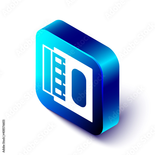 Isometric Open matchbox and matches icon isolated on white background. Blue square button. Vector.