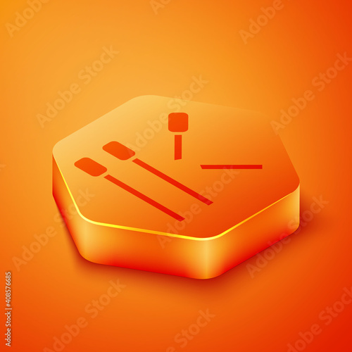 Isometric Matches icon isolated on orange background. Orange hexagon button. Vector.