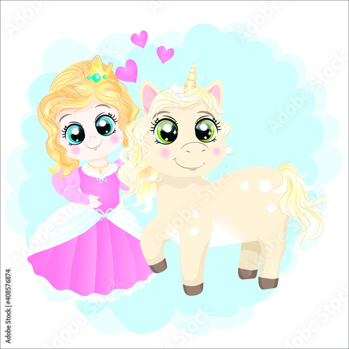 Unicorn and Princess in pink dress 