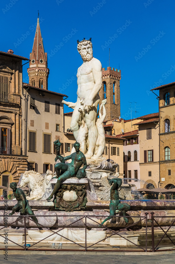 Beautiful closeup view of the famous Fountain of Neptune in the Piazza