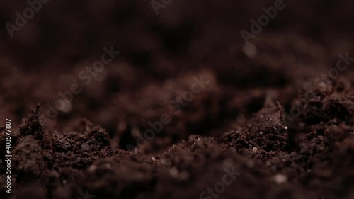 Macro shot of earth. Humus compost ground. Concept of agriculture farm, growing, eco earth, clean  photo