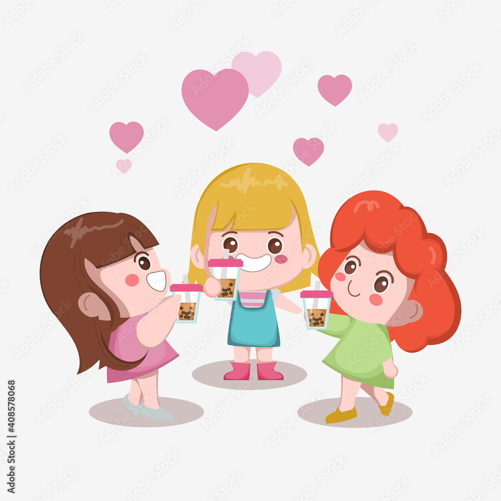 Young woman drink bubble milk tea. Taiwanese famous and popular drink with black pearls.