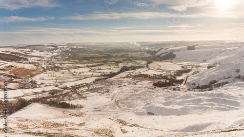 Drone Aerial  Edale Peak District Snow-Covered Mountains