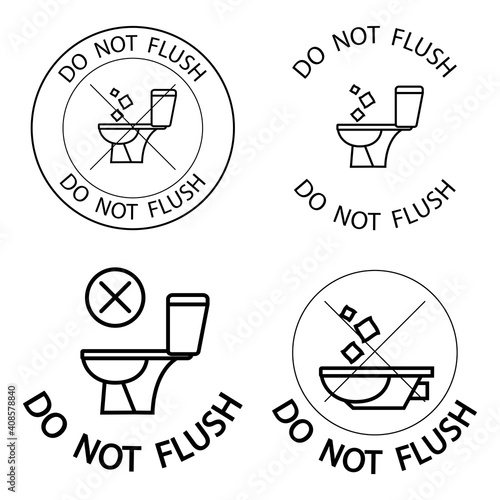 Do not litter in the toilet. Toilet no trash. Keeping the clean. Please do not flush paper towels, sanitary products, icons. Prohibition icons. No littering, warning symbol. Forbidden icon