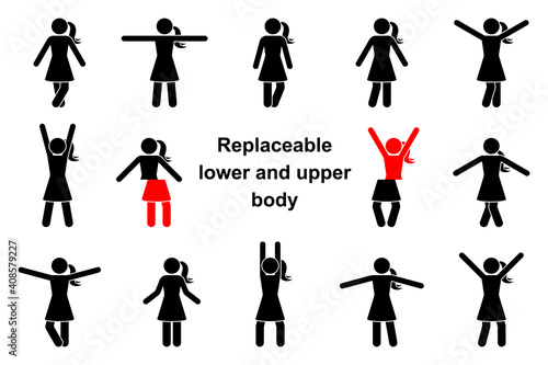 Standing front view stick figure woman vector icon illustration set. Raised, wide open hands, crossed legs, replaceable lower and upper body parts creation constructor kit