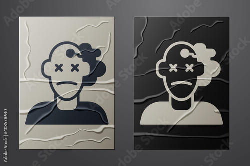White Murder icon isolated on crumpled paper background. Body, bleeding, corpse, bleeding icon. Concept of crime scene. Paper art style. Vector.