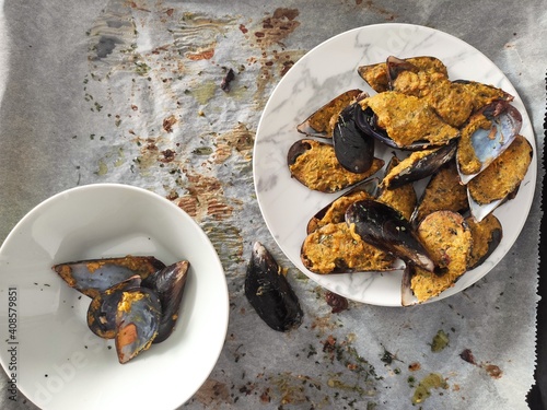 Mussels bowl on white baking paper