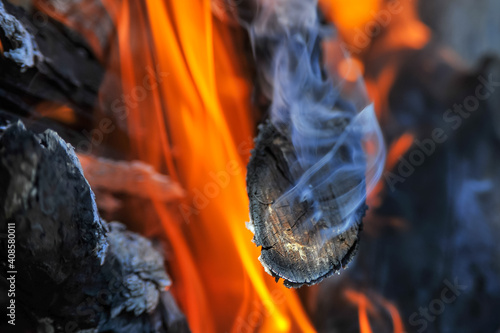 Dry logs burn on fire