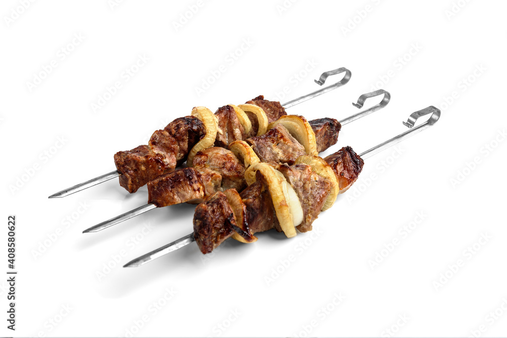 Grilled kebab (shashlik) isolated on white background.