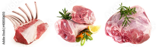 Different Raw Lamb Meat isolated on white Background - Panorama