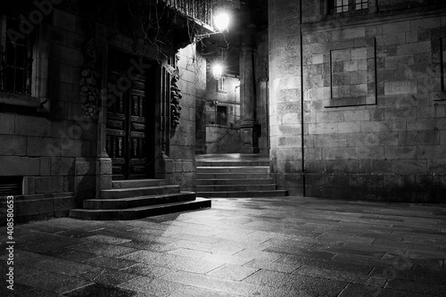 Reflections in a lonely street in Santiago de Compostela on a rainy night