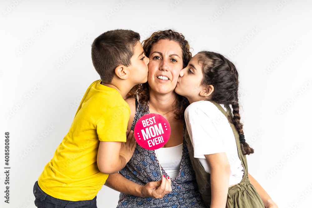 Fototapeta premium Mother and her children isolated in white on Mothers Day