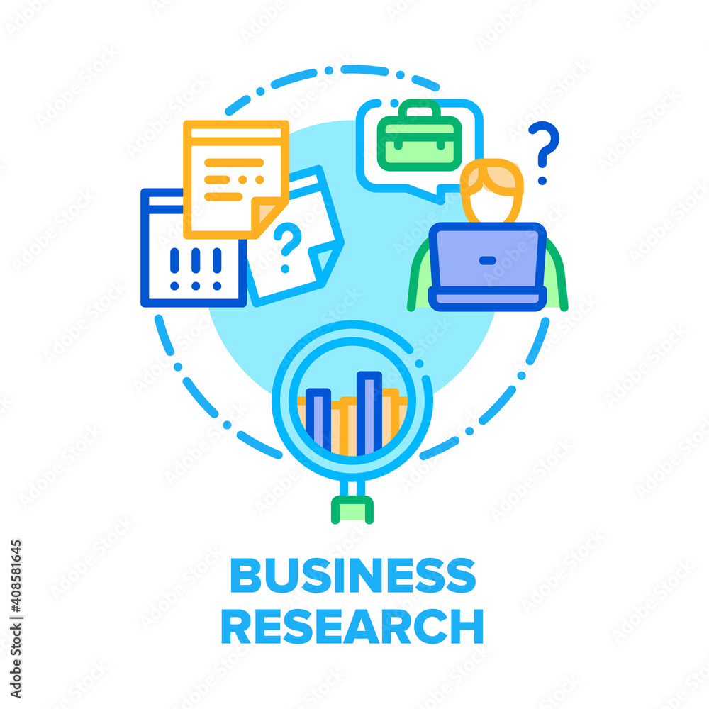 Business Research Analysis Vector Icon Concept. Manager Researching Job Market And Analyzing Profit Or Financial Infographic, Worker Pondering Project Plan Or Strategy Color Illustration