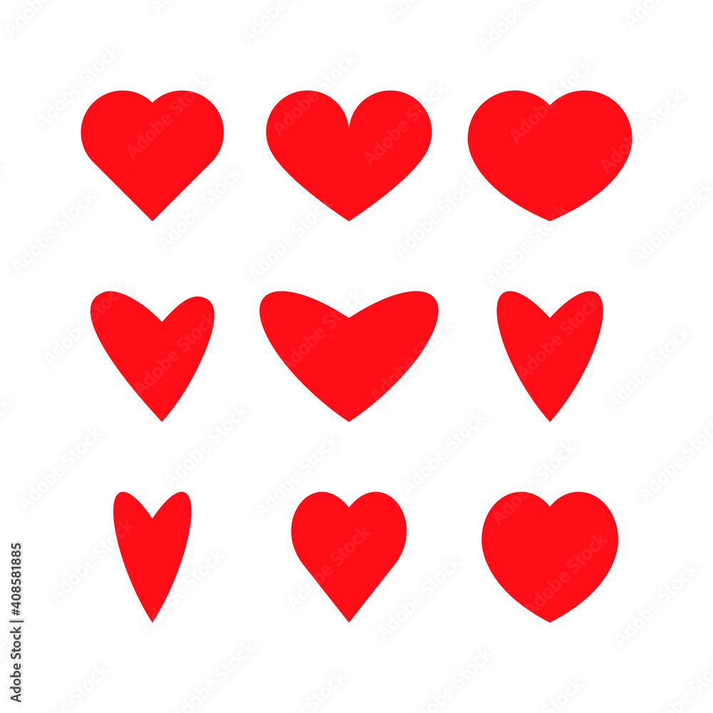 Flat Heart Vectors. Set of red heart icons Isolated on White Background.
