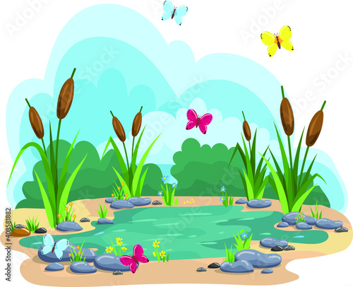 Fototapeta Naklejka Na Ścianę i Meble -  Vector illustration of a summer pond with reeds and butterflies