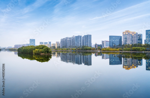 Beautiful Fenhe Park and Taiyuan city skyline in Shanxi  China