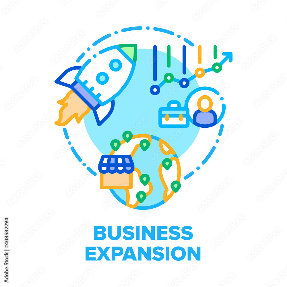 Business Expansion Success Vector Icon Concept. Company Expansion And Opening Office Branches In Worldwide, Growth Profit And Statistic. Financial Market Globalization Color Illustration