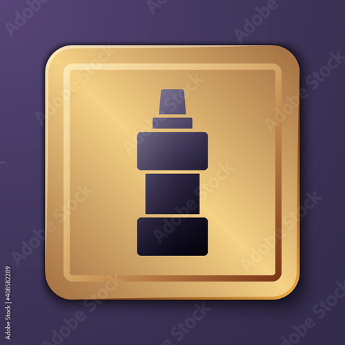 Purple Plastic bottle for laundry detergent, bleach, dishwashing liquid or another cleaning agent icon isolated on purple background. Gold square button. Vector.