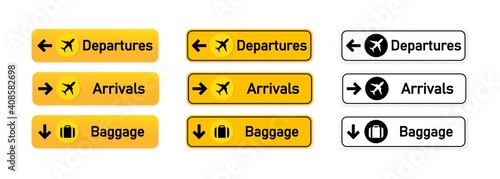 Departures, arrivals, baggage airport sign set. For using to identify direction of various locations and purposes around an airport. Vector on isolated white background. EPS 10