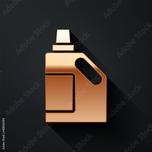 Gold Plastic bottle for laundry detergent, bleach, dishwashing liquid or another cleaning agent icon isolated on black background. Long shadow style. Vector.