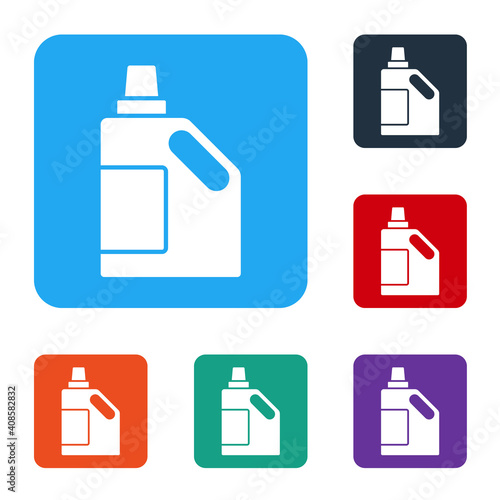White Plastic bottle for laundry detergent, bleach, dishwashing liquid or another cleaning agent icon isolated on white background. Set icons in color square buttons. Vector.