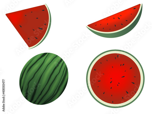 Summer food concept illustration isolated on white background. Watermelon and juicy slices. Concept for logo and label.
