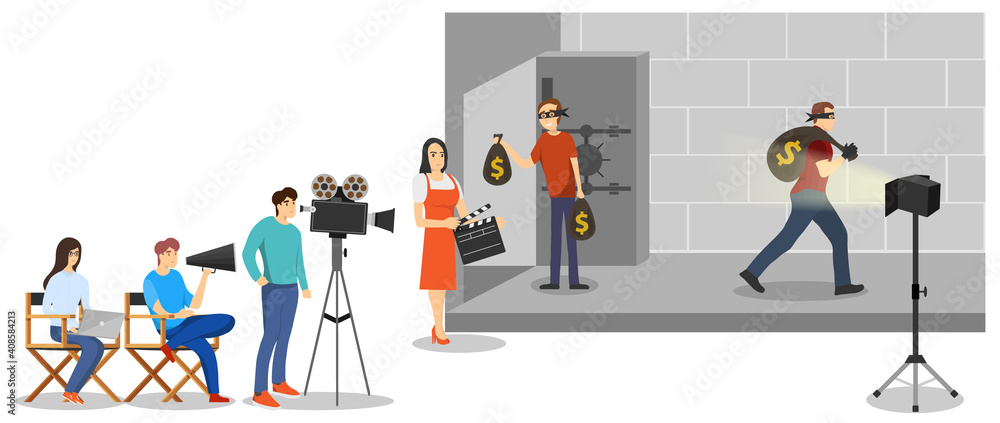 Shooting of the film. The director is filming an episode of the film. Vector illustration.