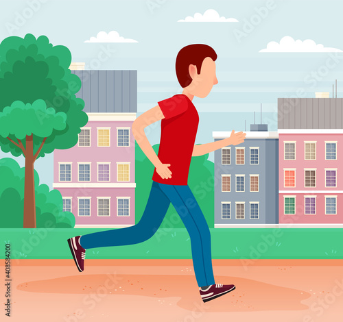 Young man in a hurry runs down the street to work. Worker racing to office late for a meeting. Job seeker hurrying up to interview. Freelancer or programmer. Hipster lifestyle vector illustration