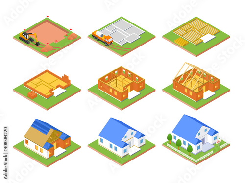 Construction plan - set of vector colorful isometric elements