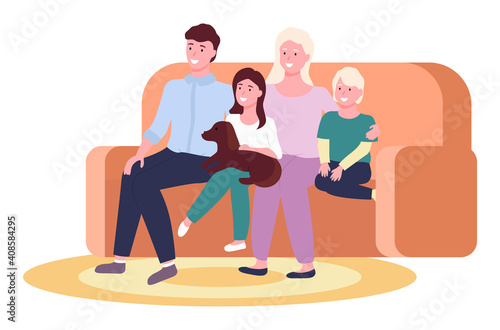 Portrait of four member family posing together smiling happy. Illustration of mother, father, sun, daughter and a dog sitting on the sofa in the room. Family portrait four members and favorite pet