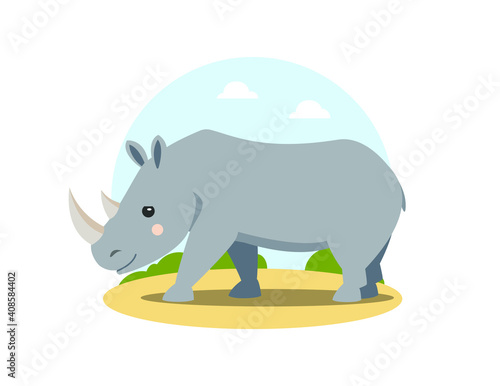 Gray rhino in flat cartoon style walking in african landscape. Happy friendly rhinoceros. Wild animal. Isolated cute children's illustration on white background. Vector, EPS10.