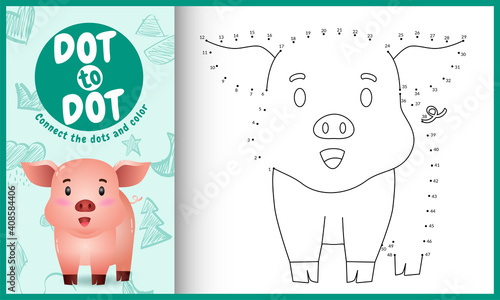 Connect the dots kids game and coloring page with a cute pig character illustration