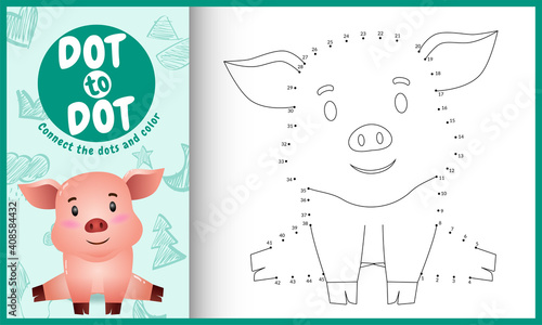 Connect the dots kids game and coloring page with a cute pig character illustration