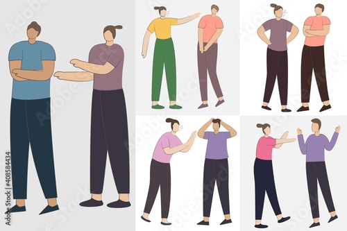 Set of Angry people during conflict, disagreement, and quarrels. People character shouting. Couples and friends brawling and shouting at each other. aggressive men and women. vector illustration