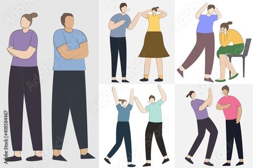 Set of Angry people during conflict, disagreement, and quarrels. People character shouting. Couples and friends brawling and shouting at each other. aggressive men and women. vector illustration
