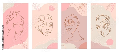 Linear women face and flowers in one line organic style set for logo, icons, packaging beauty products branding, social media stories abstract modern background in pastel colors. Vector illustration.
