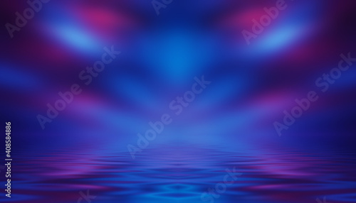 Dark abstract background. Neon multicolored light reflects on the water. Beach party, light show. Blurry lights glisten on the surface. 3d illustration © Laura Сrazy