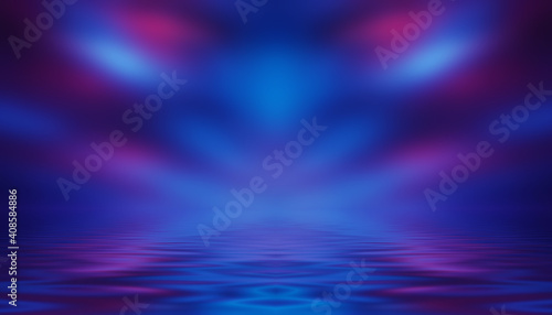 Dark abstract background. Neon multicolored light reflects on the water. Beach party, light show. Blurry lights glisten on the surface. 3d illustration