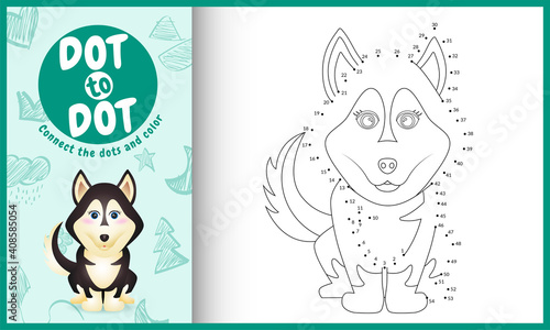 Connect the dots kids game and coloring page with a cute husky dog character illustration